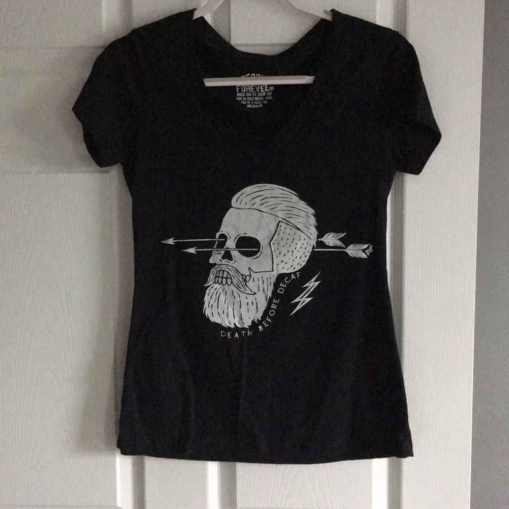Pebby Forevee “Death Before Decaf” V-Neck shirt